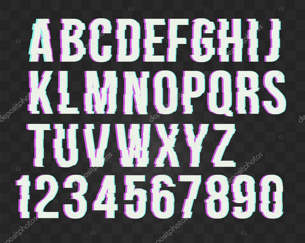Trendy style distorted glitch typeface alphabet. Letters and numbers: A to Z and numbers from 0 to 9. Green and red channels. 