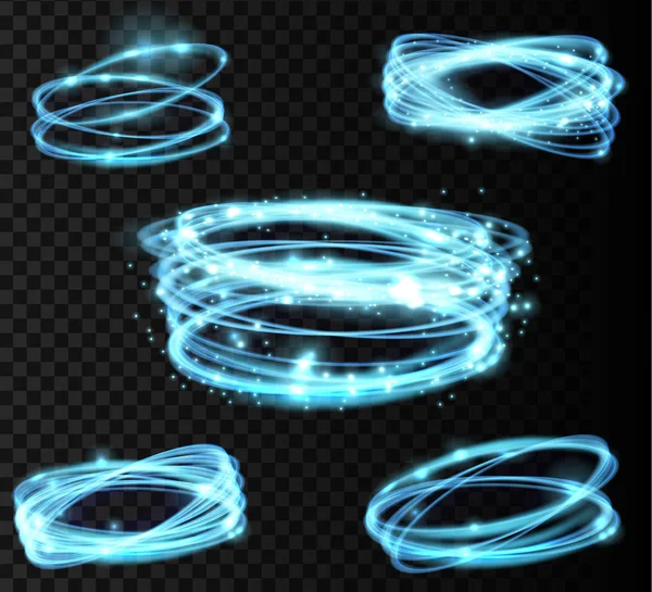 Definir azul brilhante espiral linhas brilhantes e círculo efeito de luz. Abstrato Brilhante luz anel de fogo traço. Luz de círculo de brilho mágico no fundo transparente. Iluminação vetorial . — Vetor de Stock