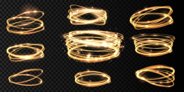 Setzen goldglänzende Spirallinien und Kreislichteffekte. abstrakte glühende Feuerringspuren. magische Funkelkreis Licht Kollektion auf transparentem Hintergrund. Vektorillustration. — Stockvektor