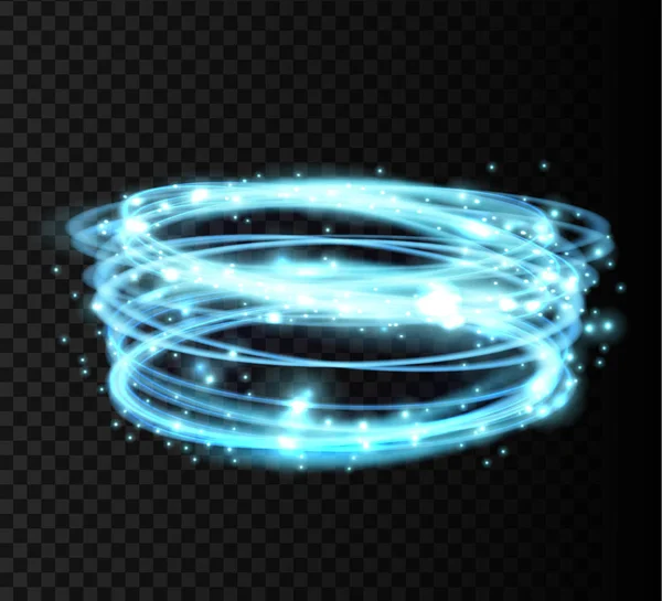 Blauwe glimmende glanzende spiraal lijnen en cirkel lichteffect. Abstracte Glowing licht brand ring trace. Magic sparkle cirkel licht op transparante achtergrond. Vector illuastration. — Stockvector