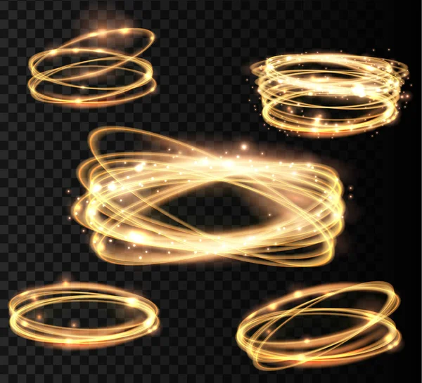 Gouden gloeiende glanzende spiraal lijnen en de cirkel lichteffect instellen. Abstracte Glowing licht brand ring trace. Magic sparkle cirkel licht collectie op transparante achtergrond. Vector illuastration. — Stockvector