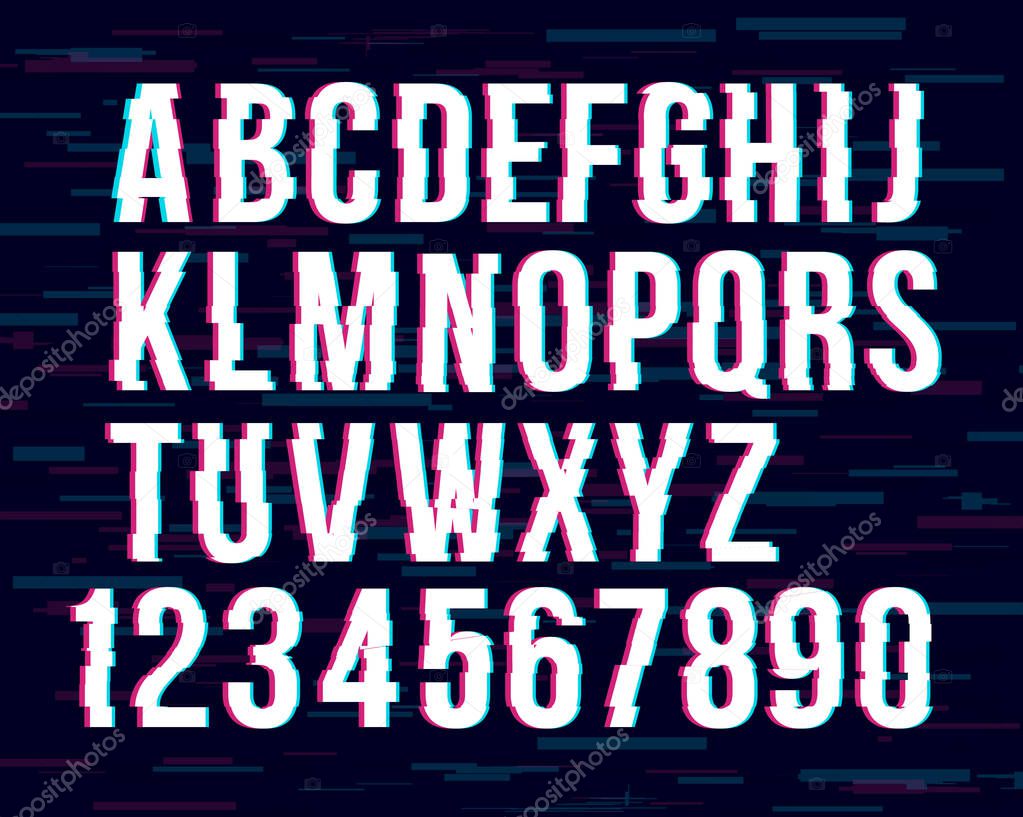 Trendy style distorted glitch typeface alphabet. Letters and numbers: A to Z and numbers from 0 to 9. Green and red channels. Vector illustration. 