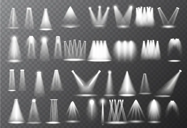 Scenen belysning samling, glödande transparent Studio ljuseffekter. Bright belysning med spotlights. Vektorillustration — Stock vektor