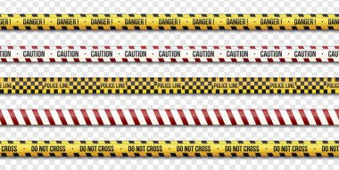 Çizgiler, polis dikkatli ve yapmak değil çapraz, tehlike bantları (PET) şeffaf arka plan üzerinde işaretler... Vektör çizim. EPS 10 