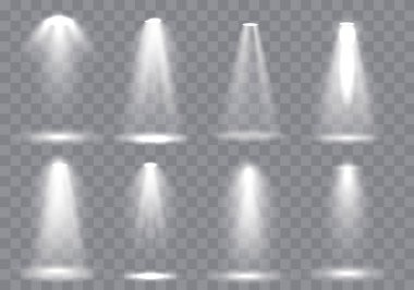 Sahne aydınlatma koleksiyonu, Glowing saydam Studio ışık efektleri. Sahne ışıkları ile parlak aydınlatma. Vektör çizim