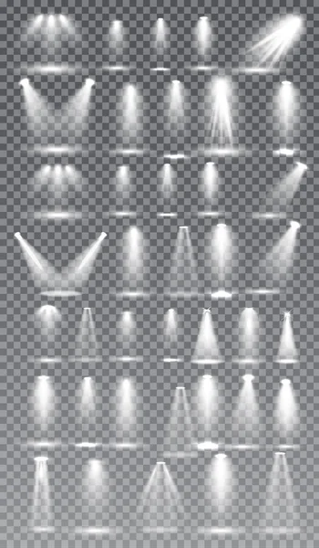 Collection d'éclairages scéniques, effets lumineux Studio lumineux transparents. Éclairage lumineux avec projecteurs. Illustration vectorielle — Image vectorielle