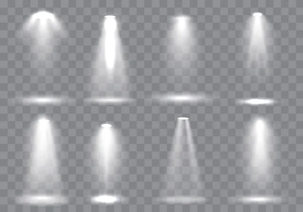 Scenen belysning samling, glödande transparent Studio ljuseffekter. Bright belysning med spotlights. Vektorillustration — Stock vektor