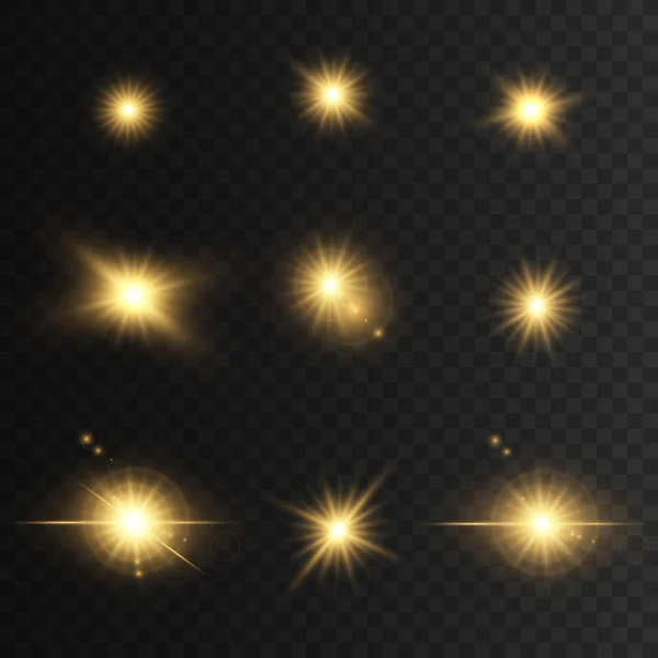 Schitterende gouden lichten en sterren. Geïsoleerd op transparante achtergrond. Vectorillustratie, — Stockvector