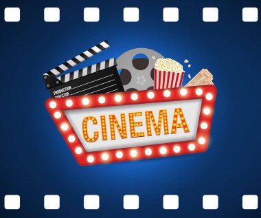 Sinema poster tasarım şablonu. Film kavramı banner tasarımı film zaman arka plan afiş parlayan işaret. Patlamış mısır, film şeridi, fıçı tahtası, Bilet. 