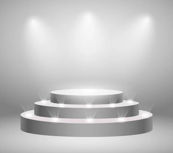 丸い台座。照明とステージの表彰台。勝者の表彰台と授賞式の概念とのシーン。フォグの舞台背景。ベクトル イラスト — ストックベクタ