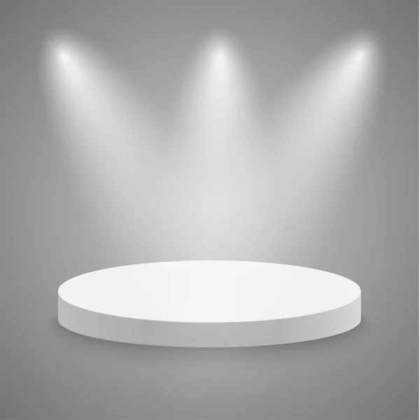 Pedestal redondo. Palco pódio com iluminação. pódio vencedor e cena com para conceito Cerimônia de premiação. Cenário do palco sobre o efeito nevoeiro. ilustração vetorial —  Vetores de Stock