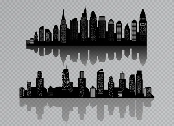 A silhueta da cidade com cor preta Isolado em um fundo transparente. num estilo plano. Paisagem urbana moderna. ilustração vetorial . — Vetor de Stock