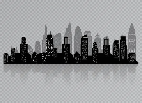 Die Silhouette der Stadt mit schwarzer Farbe isoliert auf einem transparenten Hintergrund. im flachen Stil. moderne Stadtlandschaft. Vektorillustration. — Stockvektor