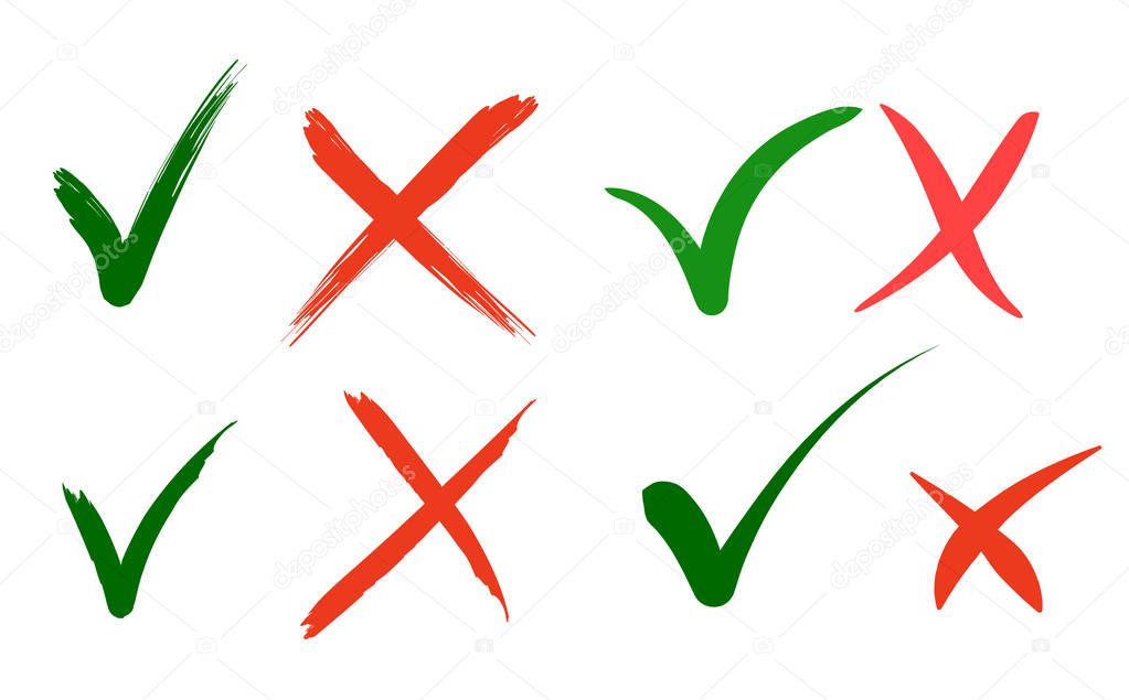 Hand written Do and Dont check tick mark and red cross checkbox icons lettering design isolated on white background. Vector Illustration