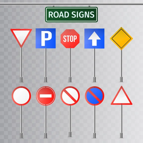 一套路标和绿色交通标志。隔离在透明的背景下。向量例证. — 图库矢量图片