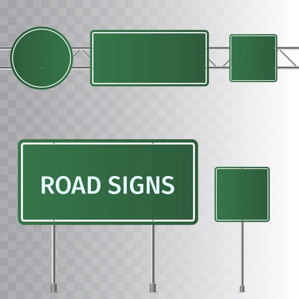 Conjunto de sinais de trânsito verde. Placa em branco com lugar para texto. Isolado em fundo transparente. Ilustração vetorial . —  Vetores de Stock