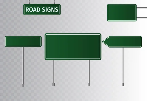 Σετ σήματα οδικής κυκλοφορίας πράσινο. Κενό πίνακα με χώρο για κείμενο. Απομονωμένη σε διαφανές φόντο. Εικονογράφηση διάνυσμα. — Διανυσματικό Αρχείο