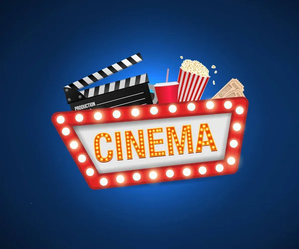 Cinema poster design template. Movie concept banner design  Movie time background banner shining sign. Popcorn, filmstrip, clapboard, tickets. — Stock Vector