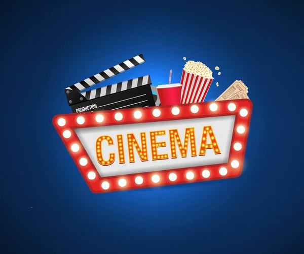 Plantilla de diseño de póster de cine. Diseño de banner de concepto de película Banner de fondo de tiempo de película que brilla signo. Palomitas de maíz, tira de película, clapboard, entradas . — Vector de stock