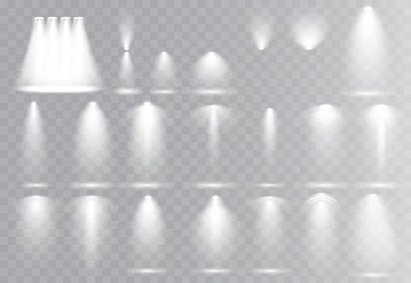 Vector ljuskällor, konsert belysning, stage beam strålkastare uppsättning objektiv blixt effekt. Spot lampa projektion studio för pallen, club, Visa, scenen upplyst. Flodljus på transparent bakgrund. — Stock vektor