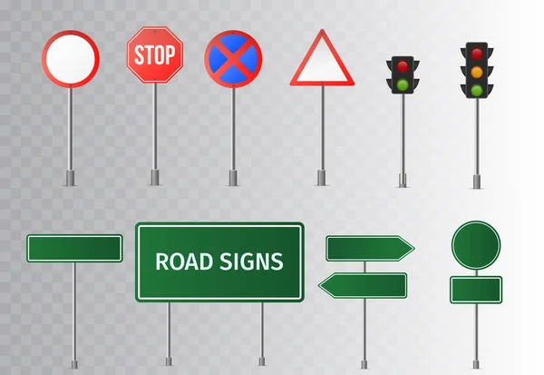 Straßenschilder und grüne Verkehrsschilder. isoliert auf transparentem Hintergrund. Vektorillustration. — Stockvektor