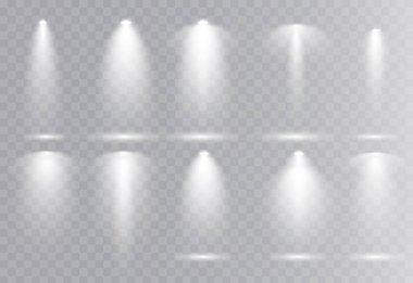Vektör ışık kaynakları, aydınlatma, konser ışın sahne ışıkları küme lens flaş etkisi sahne. Spot lamba projeksiyon studio podyum, club, gösteri, ışıklı sahne için. Saydam arka plan üzerinde projektörler.