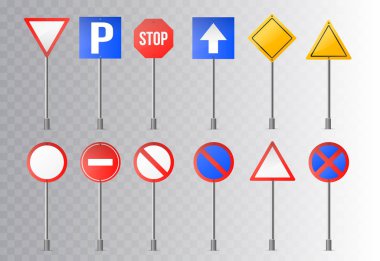 Yol işaretleri ve yeşil trafik işaretleri kümesi. Saydam arka plan üzerinde izole. Vektör çizim.  