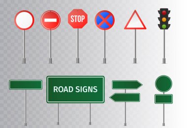 Sokak trafik ve yeşil yol işaretleri, tabela ve Işaret kümesi. Saydam arka plan üzerinde izole. Vektör çizim.  