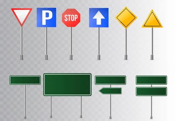 Sada dopravních značek a zelené dopravní značení. izolované na průhledné pozadí. Vektorové ilustrace. — Stockový vektor