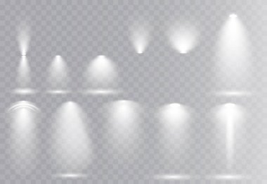 Vektör ışık kaynakları, aydınlatma, konser ışın sahne ışıkları küme lens flaş etkisi sahne. Spot lamba projeksiyon studio podyum, club, gösteri, ışıklı sahne için. Saydam arka plan üzerinde projektörler.