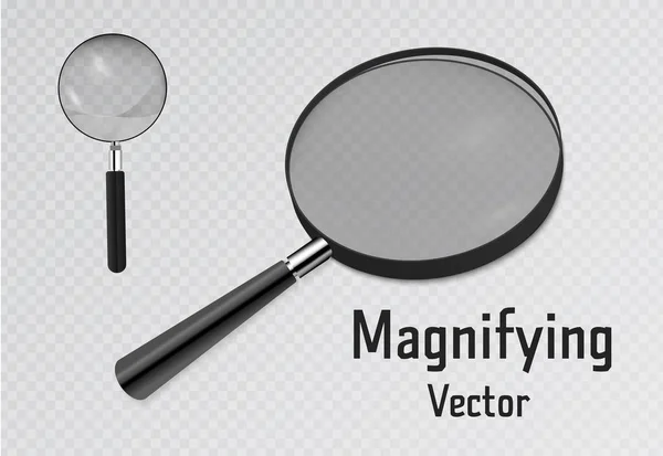 Állítsa be a 3D reális nagyító. Nagyító eszköz kutatási és keressük meg a design. Az átlátszó háttér-illusztráción elkülönítve. — Stock Vector