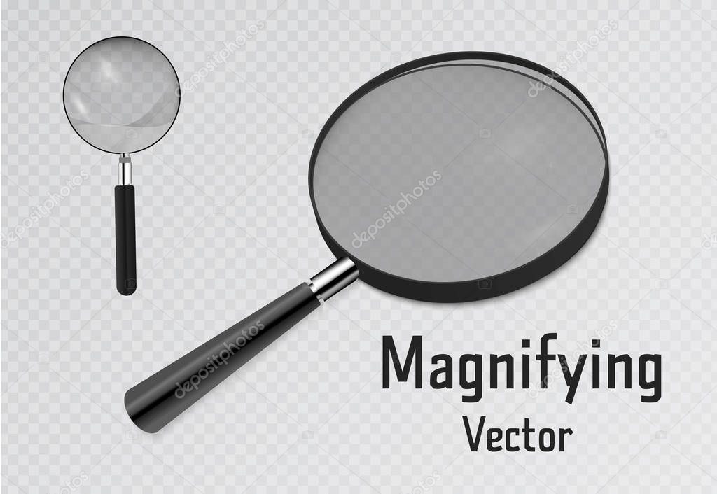 Set of 3D Realistic magnifier. Magnifying glass tool for research and search for your design. Isolated on transparent background illustration.