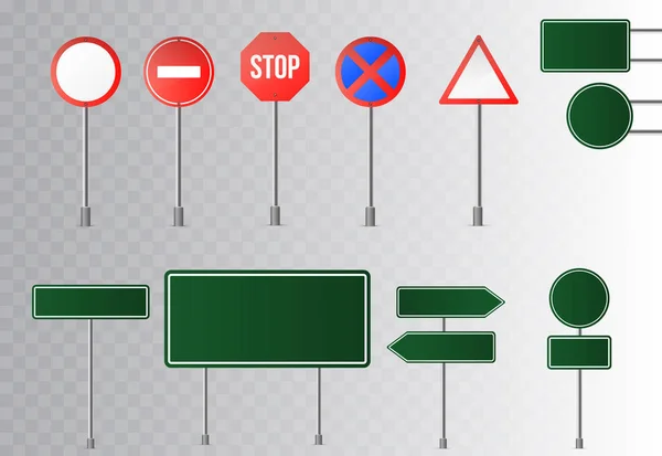 Conjunto de señales de tráfico y carretera verde, señalización y guía. aislado sobre fondo transparente. Ilustración vectorial . — Vector de stock