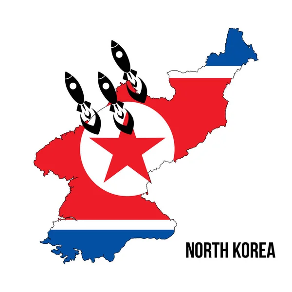 Vlag kaart lancering raket Noord-Korea, nucleaire bom, nucleaire test raket geïsoleerd op witte achtergrond — Stockvector