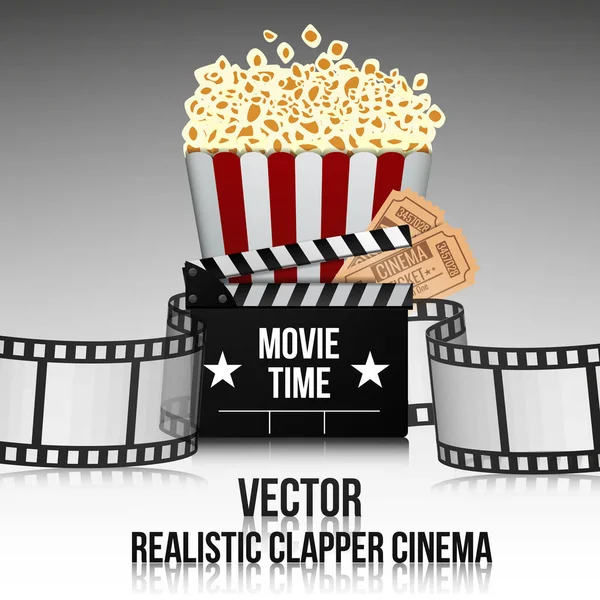 Movie cinema premiere poster design. Bandiera modello vettoriale per spettacolo con popcorn, biglietti e clipper — Vettoriale Stock