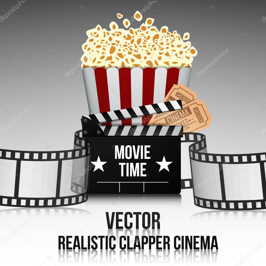 Movie cinema premiere poster design. Vector template banner for show with  popcorn, tickets and clipper
