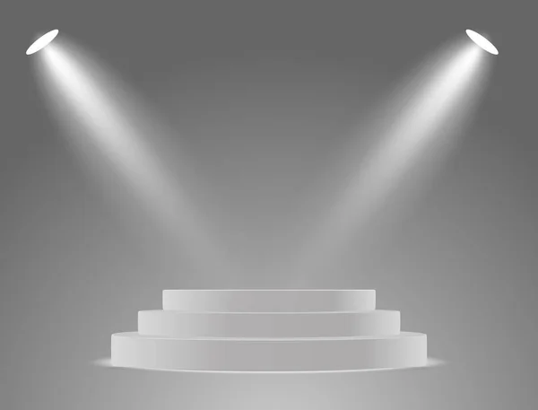 灰色の背景のスポットライトによって照らされる円形の表彰台、台座またはプラットホーム. — ストックベクタ