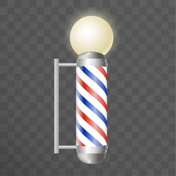 Realistic Barber pole. Two Glass barber shop poles with red, blue and white stripes with round light on top. Isolated on transparent background, for your design and branding. — Stock Vector