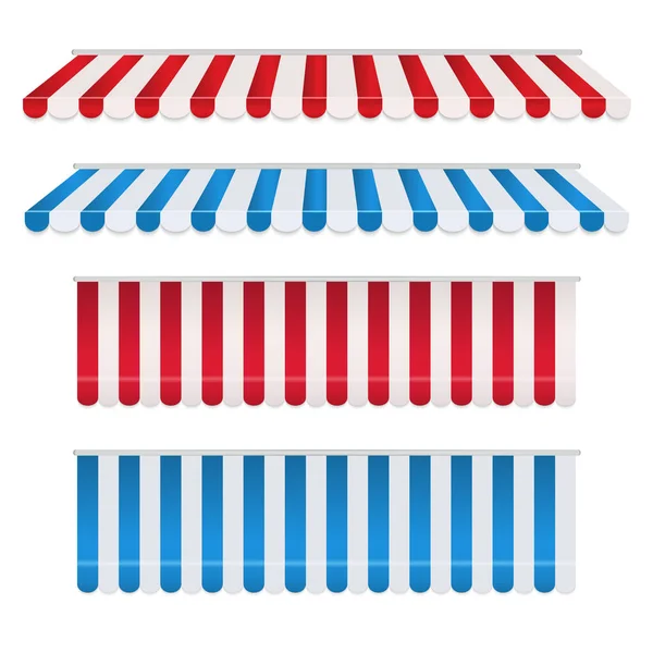 Set of red and white, blue and white strip colorful awnings for shop. Tent sunshade for market isolated on white background. — Stock Vector