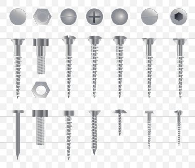 3D gerçekçi metal vida seti, paslanmaz çelik cıvata, fındık, perçin ve çivi izole onn şeffaf bir arka plan. 