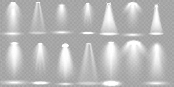 Scenbelysning stor samling, transparenta ljuseffekter. Ljus konsert med strålkastare för din design. — Stock vektor