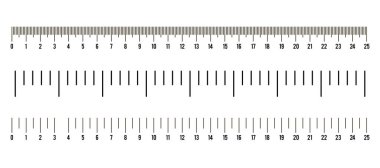 Farklı birim uzaklıklara, inçlere ve santimetrelere sahip cetvel boyutu göstergeleri kümesi.