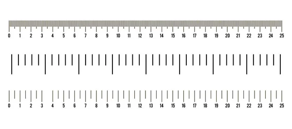 Sada indikátorů velikosti pravítka s různými jednotkovými vzdálenostmi, palce a centimetry. — Stockový vektor