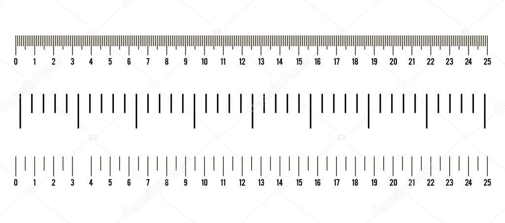 Set of ruler size indicators with different unit distances, inches and centimeters.