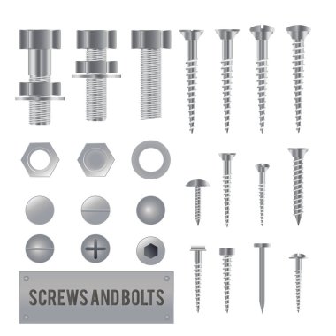 3d gerçekçi metal vidalar, paslanmaz çelik cıvata, somun, perçin ve çivi beyaz arka plan üzerinde izole set. 