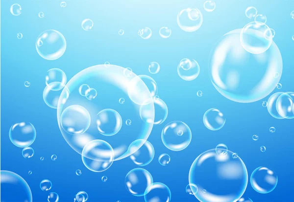 Burbujas realistas de agua blanca con reflexión sobre fondo azul . — Archivo Imágenes Vectoriales