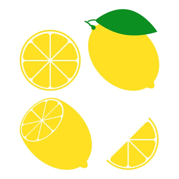 Beyaz arka planda izole edilmiş taze limon meyvesi seti. Tam, yarı yarıya, dilimlenmiş turunçgiller. Turunçgillerden oluşan bir koleksiyon. Limon logosu veya rozet. Vektör Grafikler
