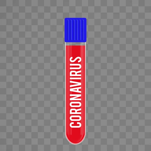 Tubo de ensayo con muestra de sangre para COVID-19, prueba de Coronavirus. Concepto de análisis de sangre Aislado sobre un fondo transparente — Vector de stock