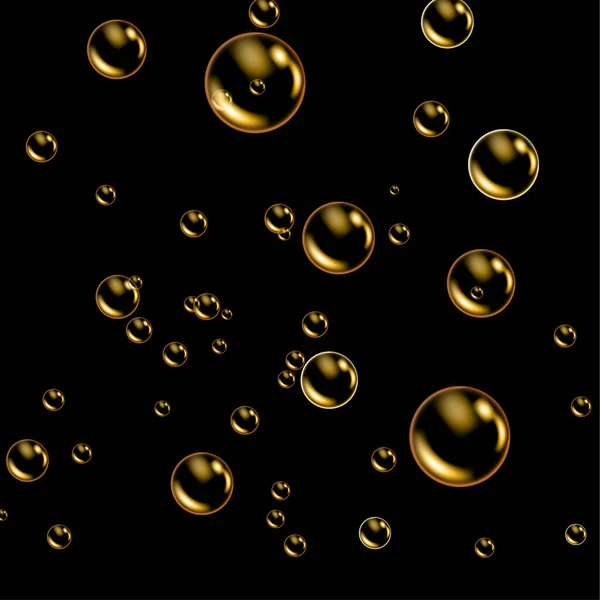 Bulles d'or d'huile isolées sur fond noir. Modèle de sérum de collagène de capsules de pilule en verre doré cosmétique réaliste. — Image vectorielle