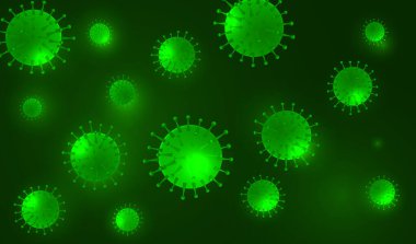 Yeşil arka planda Coronavirus salgını ve 2019-NCoV. Coronavirus bakterisi 2019-nCoV. Pandemik tıbbi konsept.